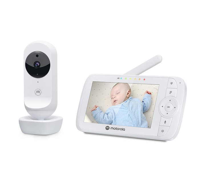 Weißes Video-Twin-Babyphone »VM35-2« neben Bildschirm mit Baby
