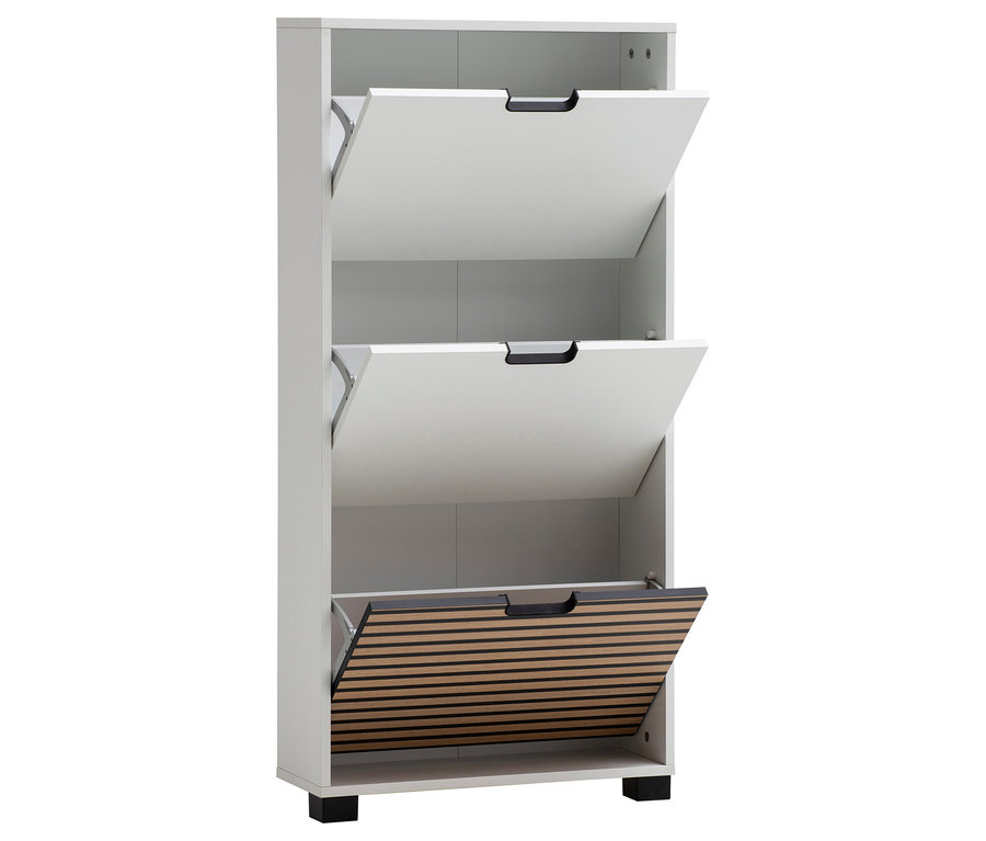 Weißer Schuhschrank mit drei Klappfächern, die oberen zwei sind weiß, das untere hat braune Lamellen und ist teilweise geöffnet.