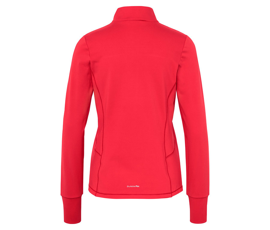 Rückansicht einer roten, langärmligen Jacke mit Reißverschluss.