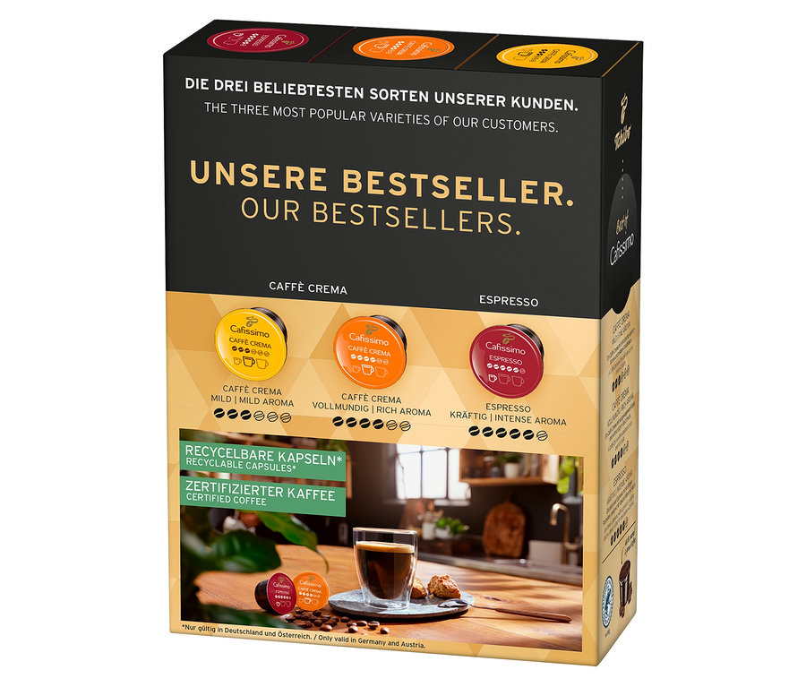Packung Cafissimo Best of Cafissimo 30 Kapseln mit verschiedenen Kaffeekapseln.
