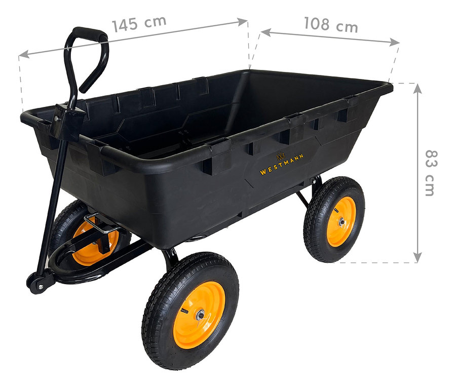 Abbildung eines schwarzen Bollerwagens mit vier Rädern und gelben Felgen. Maße sind eingezeichnet.