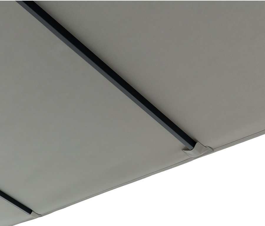 Ansicht von unten auf einen hellgrauen Leco Doppel-Sonnenschirm mit schwarzem Rahmen.