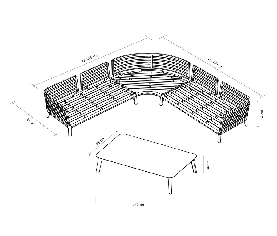 Skizze von Leco Lounge-Ecke inkl. Tisch »Moss« mit Abmessungen.