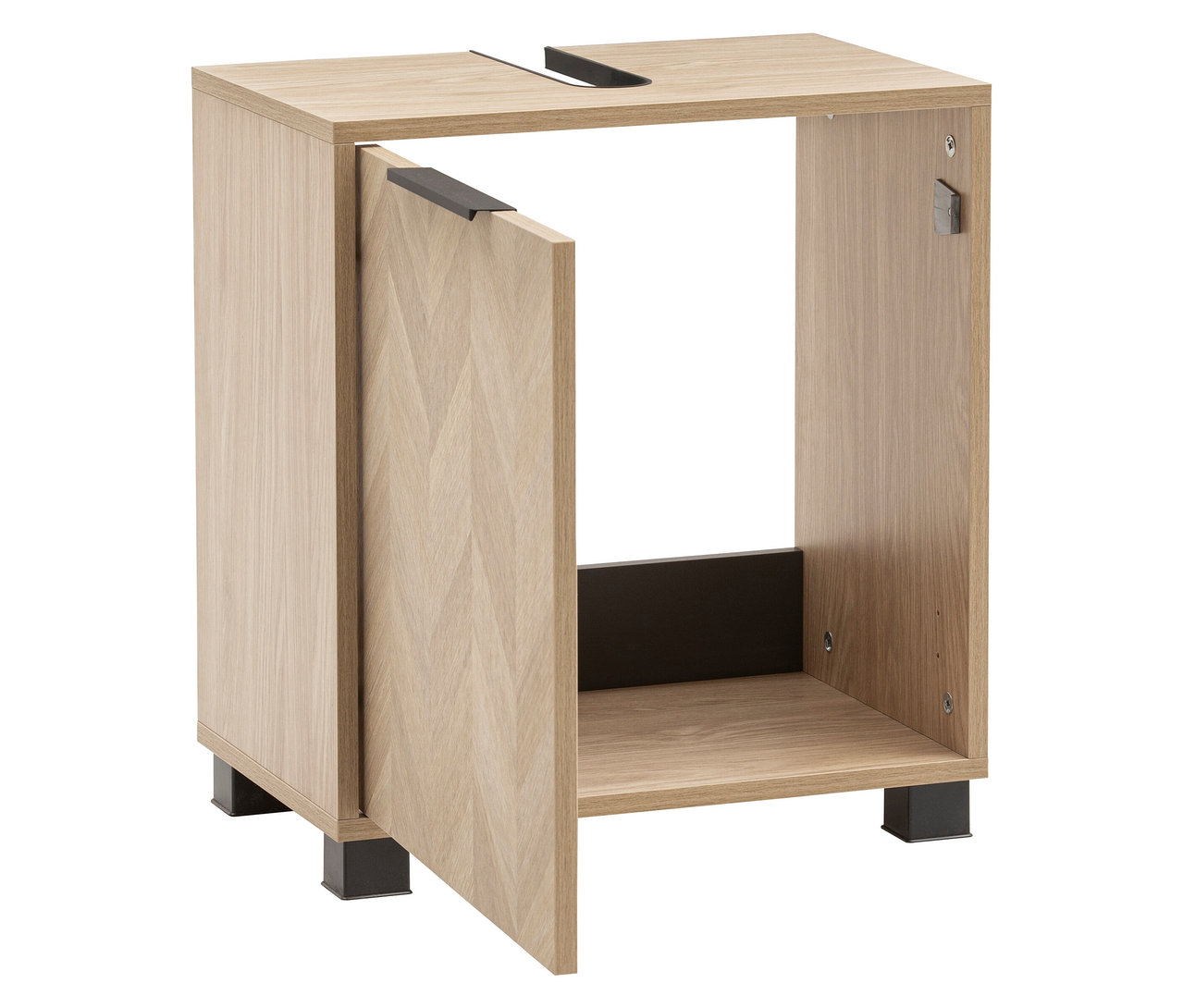 Schildmeyer Waschbeckenunterschrank »500« in Eichenoptik mit offener Tür.