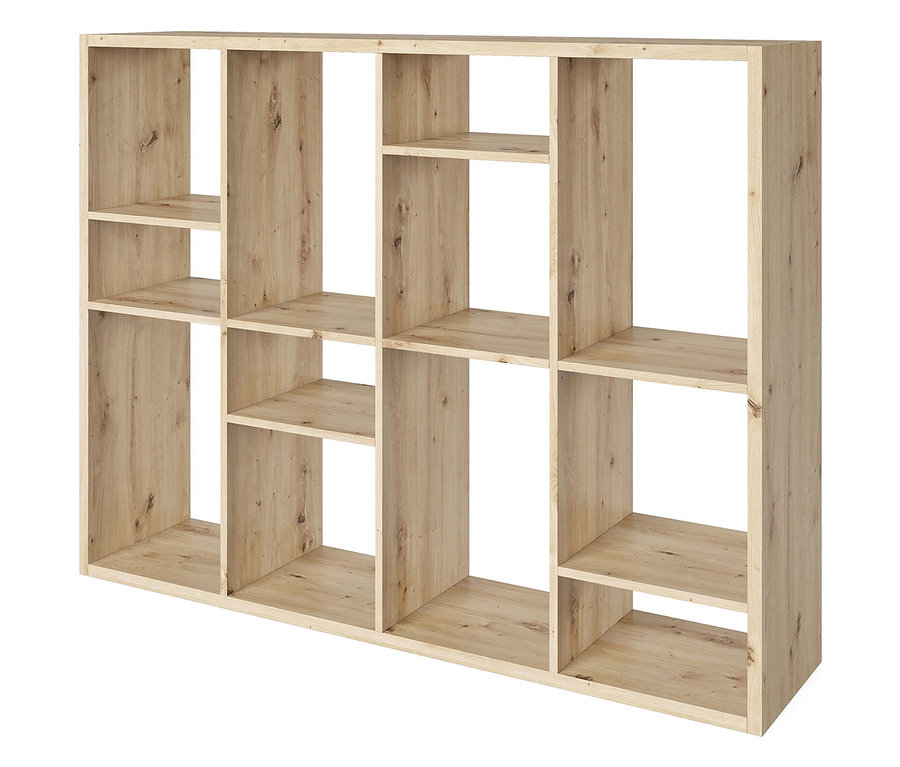 Ein rechteckiges, hellbraunes Bücherregal mit zwölf Fächern unterschiedlicher Größe.