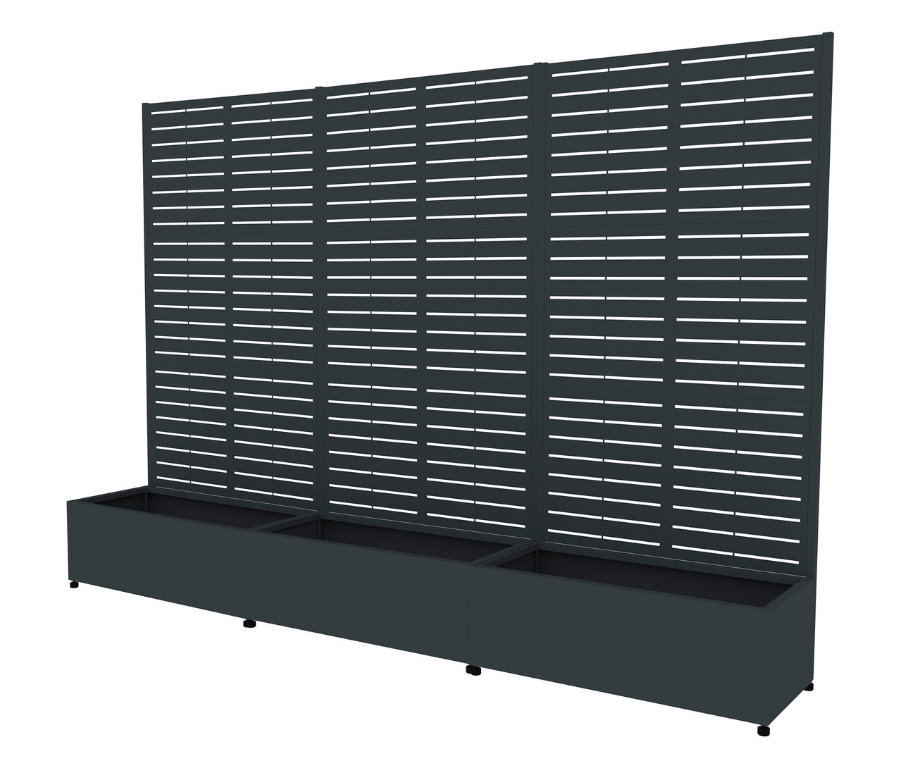 Grauer Sichtschutz mit Pflanzkasten, 90 x 184 x 42,5 cm.