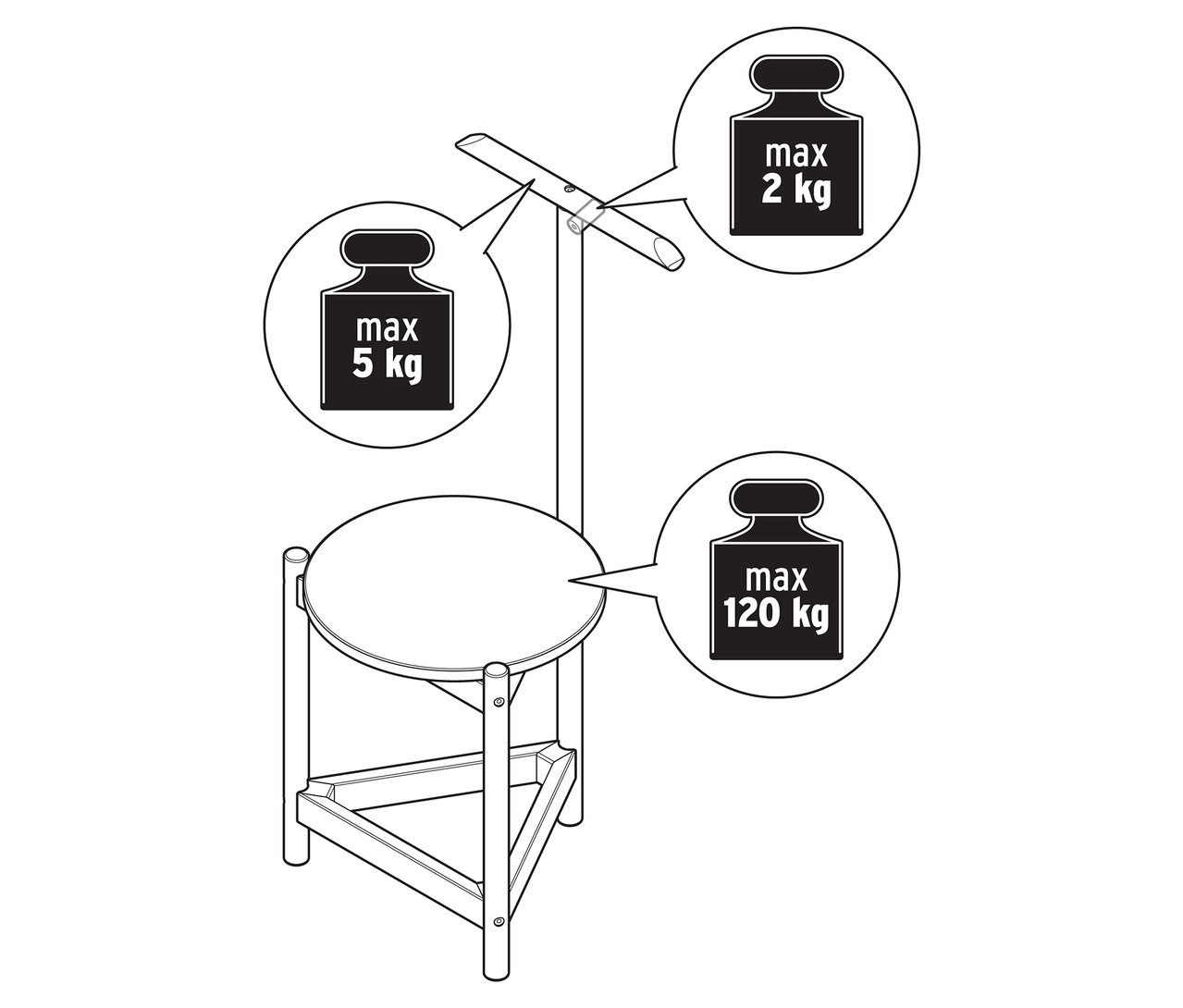 Skizze eines stummen Dieners mit Hocker aus Massivholz mit Gewichtsangaben.