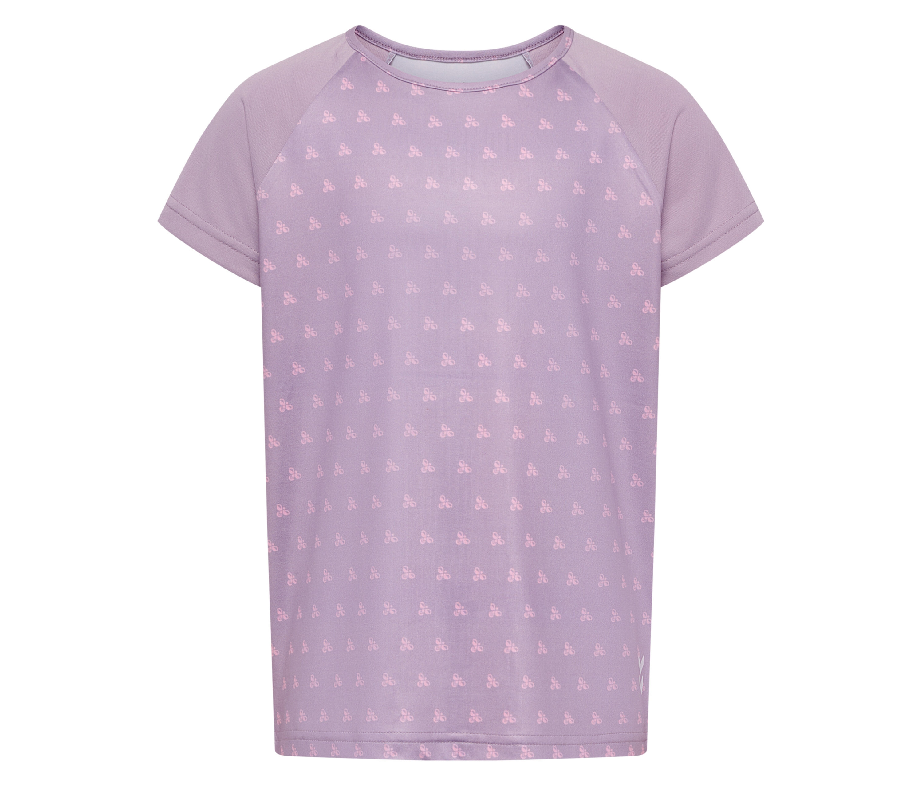 Lila hummel® HMLJR Mix T-Shirt mit kleinem Muster auf der Vorderseite.