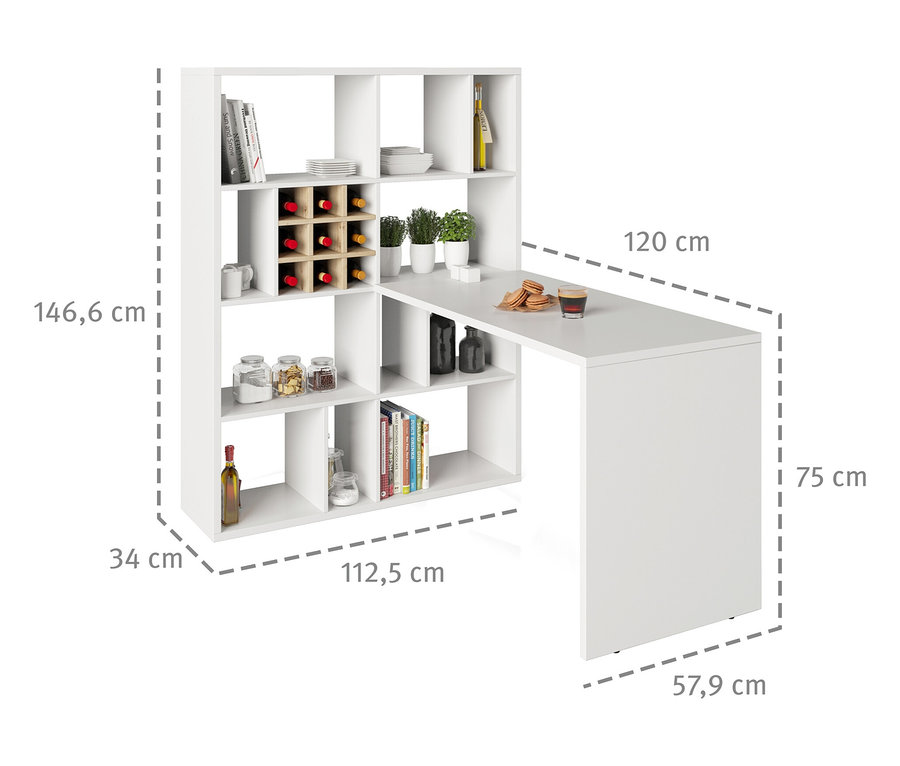 Weißes Roba Set, Raumteiler mit Schreibtisch mit Fächern, gefüllt mit Geschirr, Flaschen und Büchern.