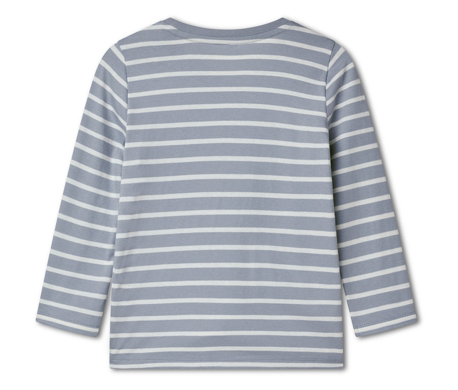 Rückansicht eines langärmeligen, grau-weiß gestreiften T-Shirts.