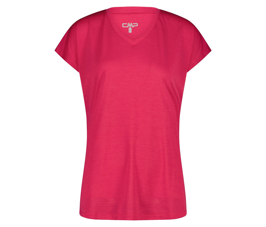 Nahaufnahme eines rosafarbenen V-Ausschnitt-T-Shirts mit kurzem Ärmel und kleinem Logo auf der Brust.