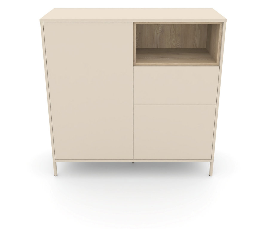 Cashmere-weißes Highboard »Hygge« mit zwei Türen, einem offenen Fach mit Holzrückwand und einer Schublade.