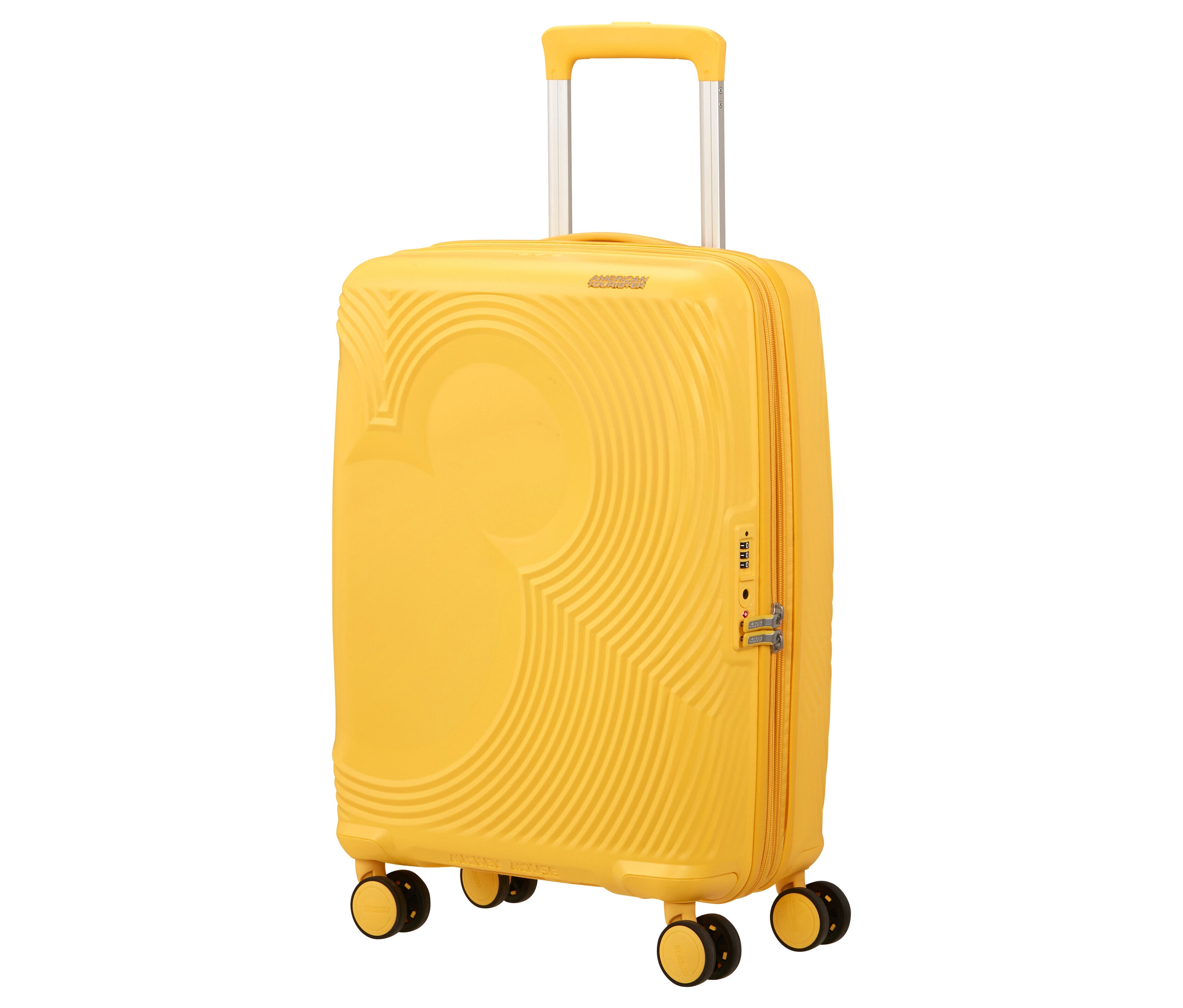 Gelber American Tourister Mickey Magic Trolley mit Teleskopgriff und Rollen.