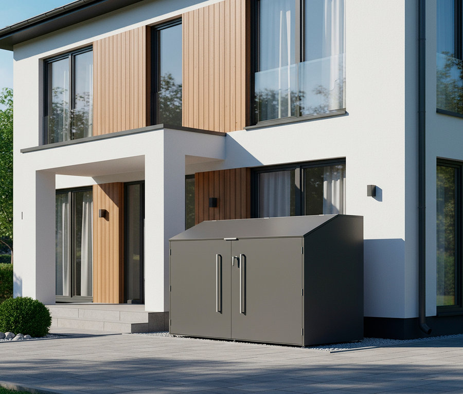 Ein grauer Geräteschuppen steht vor einem modernen, zweistöckigen Haus mit Holzverkleidung.