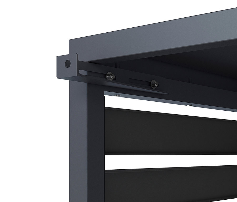 Detailansicht einer grauen Pergola mit Lamellen und Schrauben.