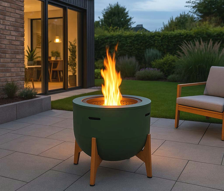 Eine grüne RedFire Feuerschale »Jubilee« mit raucharmer Verbrennung steht auf einer Terrasse, Flammen lodern im Inneren.