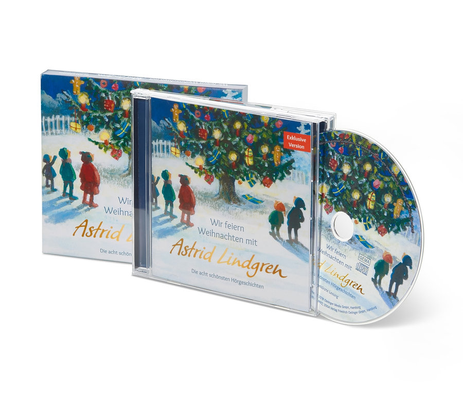Auf einem weißen Hintergrund sind drei CDs mit dem Titel "Astrid Lindgren – wir feiern Weihnachten" zu sehen. Auf dem Cover ist ein Bild von Kindern vor einem Weihnachtsbaum.
