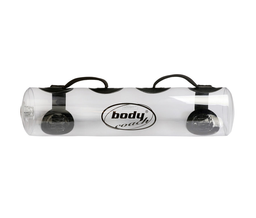 Ein durchsichtiger Aquabag mit schwarzen Griffen und Body Coach-Logo in der Mitte.