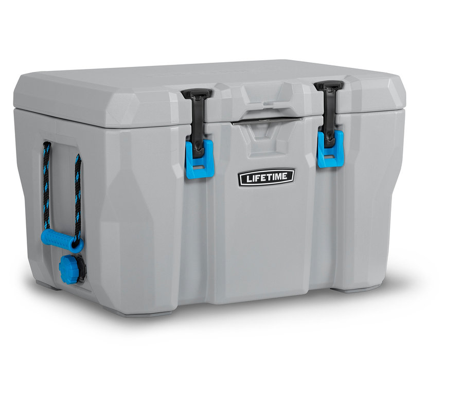 Graue Lifetime-Premium-Kühlbox mit blauen Akzenten.