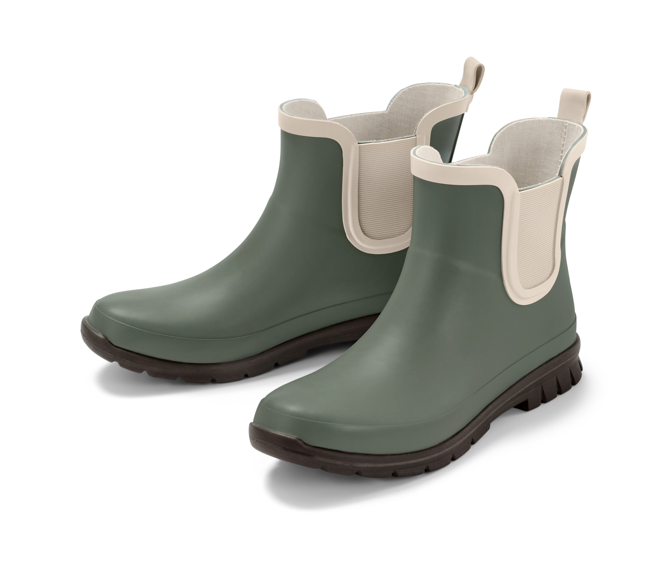 Ein Paar grüne Gummistiefeletten.