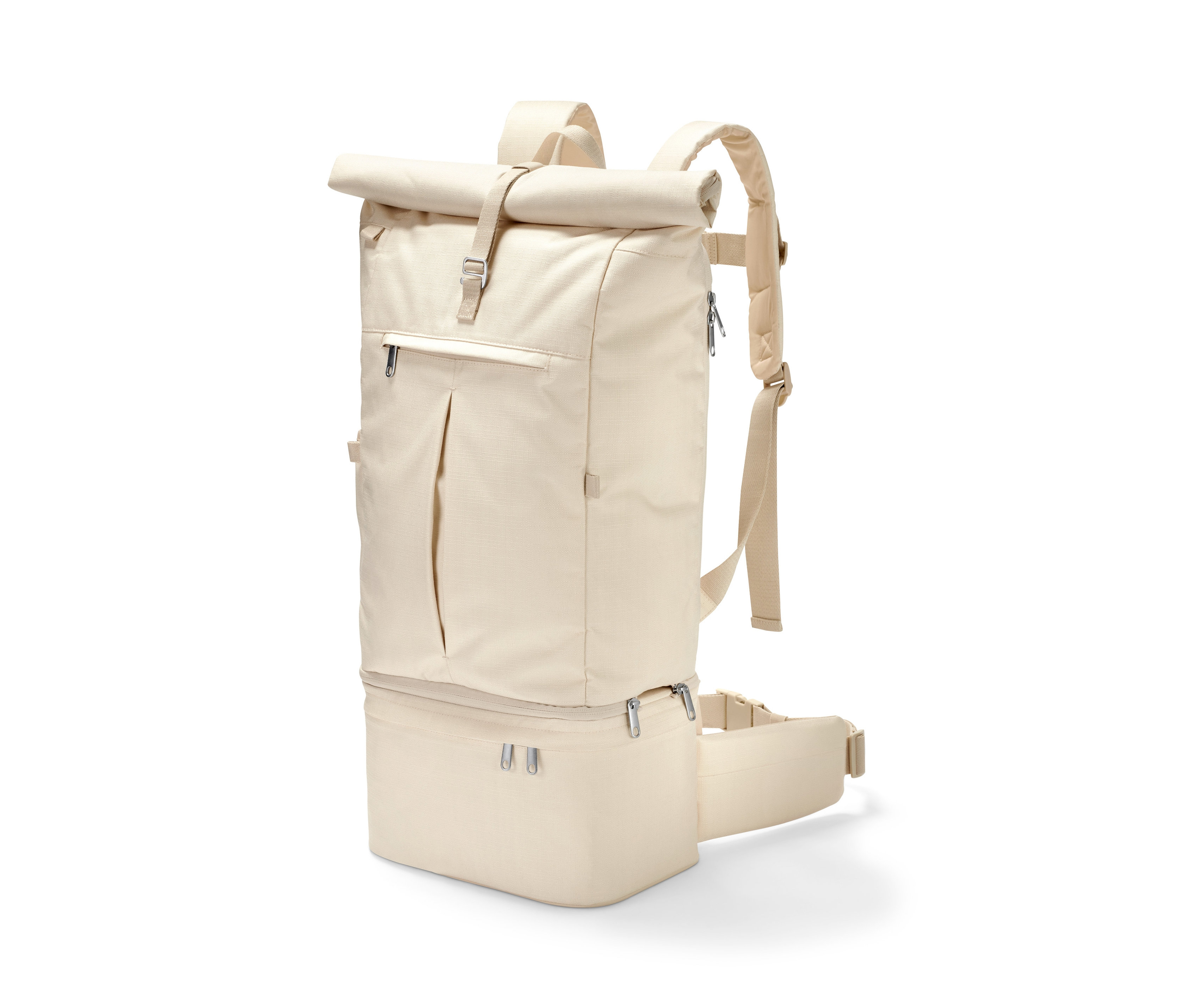 Beiger 3-in-1-Reiserucksack vor weißem Hintergrund.