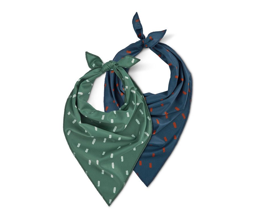 Zwei Hunde-Halstücher, eines grün und eines blau, jeweils mit geometrischen Mustern und zu einem Knoten gebunden.