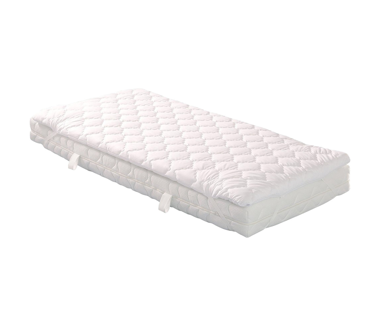 Weißer Badenia Matratzentopper Senso mit Steppmuster und Befestigungsbändern.