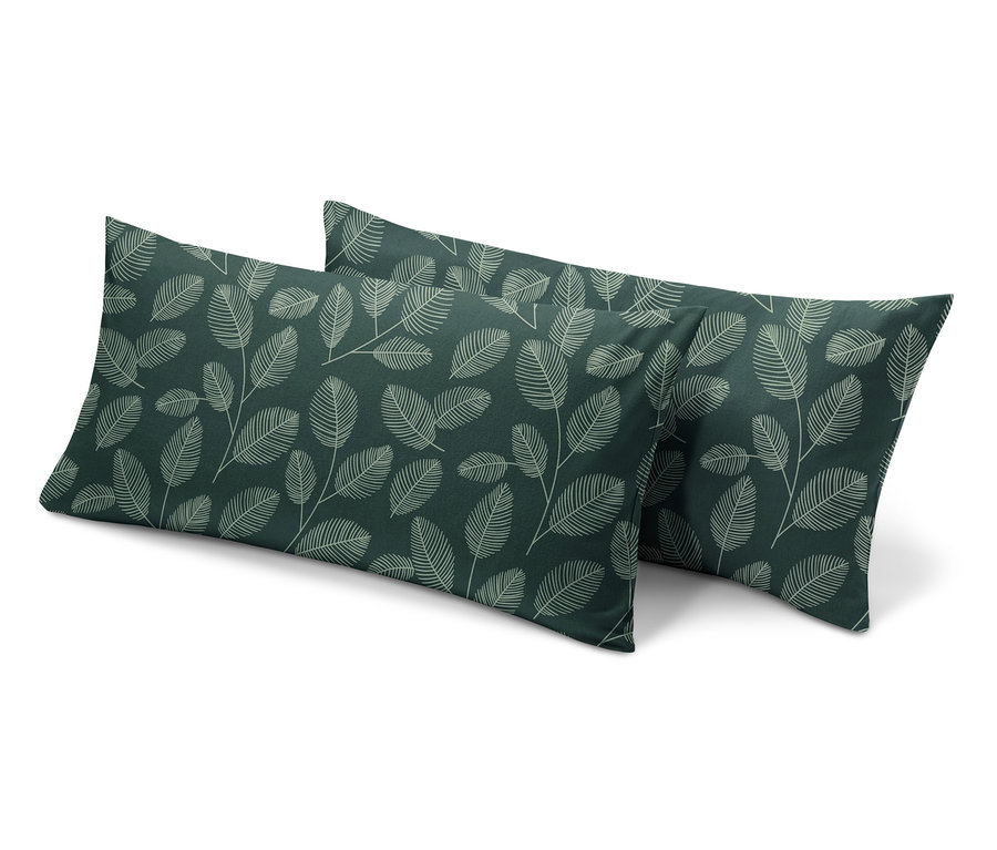Zwei grüne Biber-Kopfkissenbezüge mit Blattmuster.