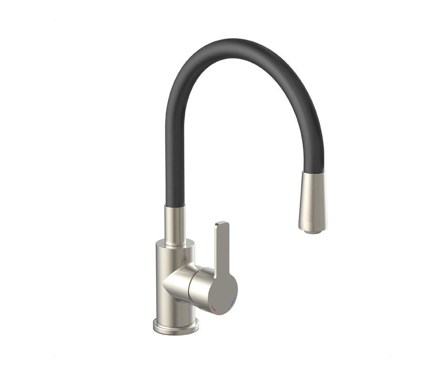 Edelstahl-Spültischarmatur »FLEXO« mit schwarzem, flexiblem Arm.