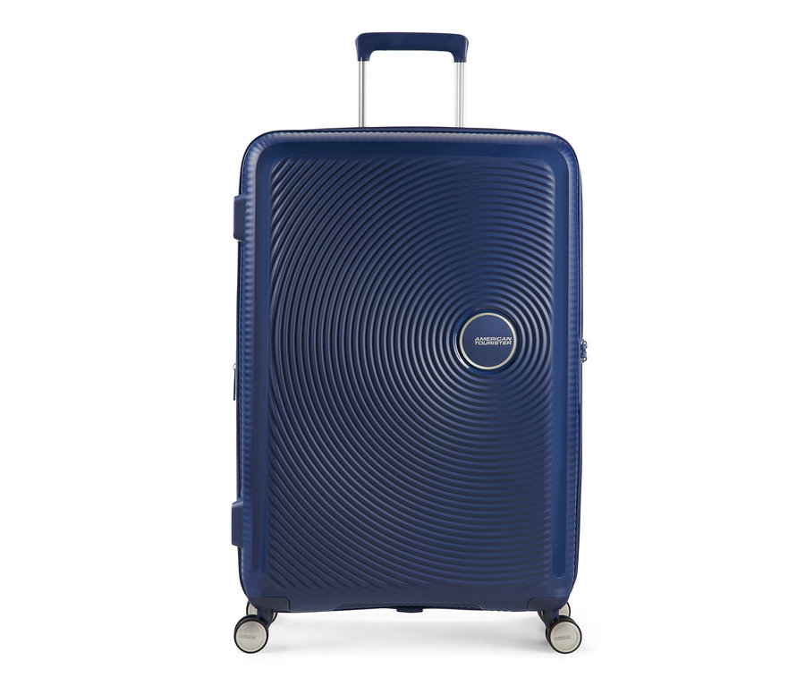 Mittlerer, marineblauer American Tourister Hartschalenkoffer »Soundbox« Spinner mit ausziehbarem Griff und Rollen.