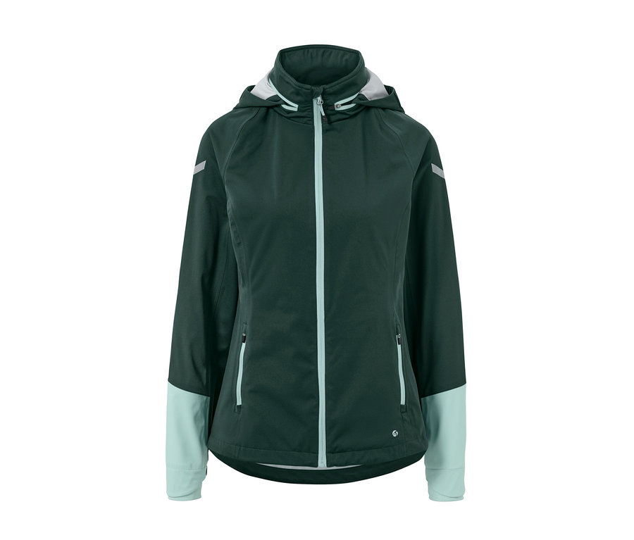 Grüne Rad-Regenjacke mit Kapuze und hellblauen Details an Reißverschluss und Ärmeln.