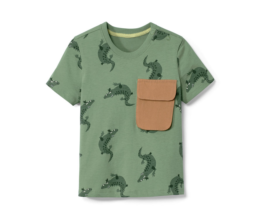 Grünes Kinder-T-Shirt mit Krokodilprint und brauner Tasche.