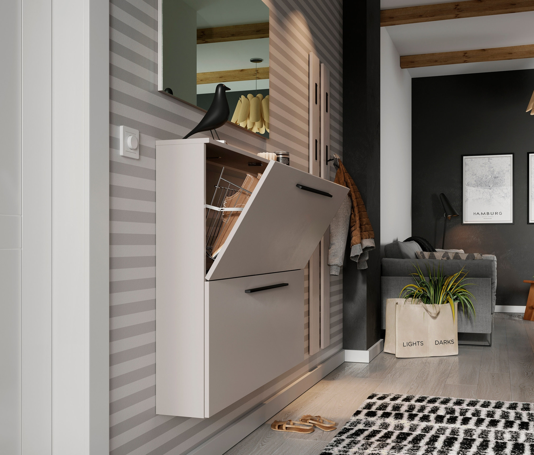 Flur mit Schuhschrank »Utah« in Kaschmir, auf dem ein schwarzer Vogel sitzt.