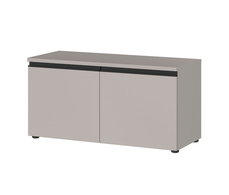 Beige Schuhbank Vik mit zwei Türen und schwarzen Details.