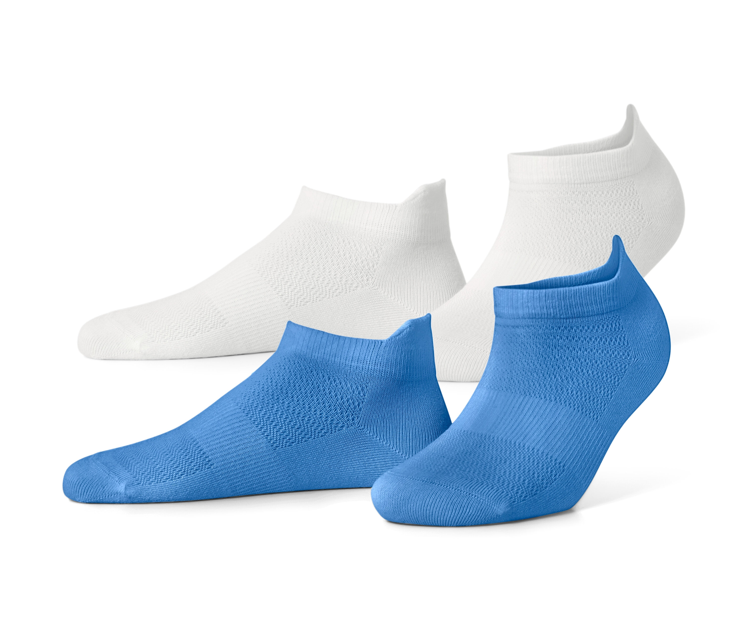 Zwei Paar Sneaker-Sportsocken in Weiß und Blau.
