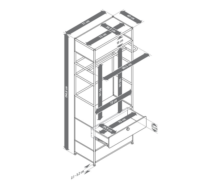 Abbildung einer Garderobe Metall »CN3« mit Kleiderstange und 3 Schubladen mit den Massangaben.