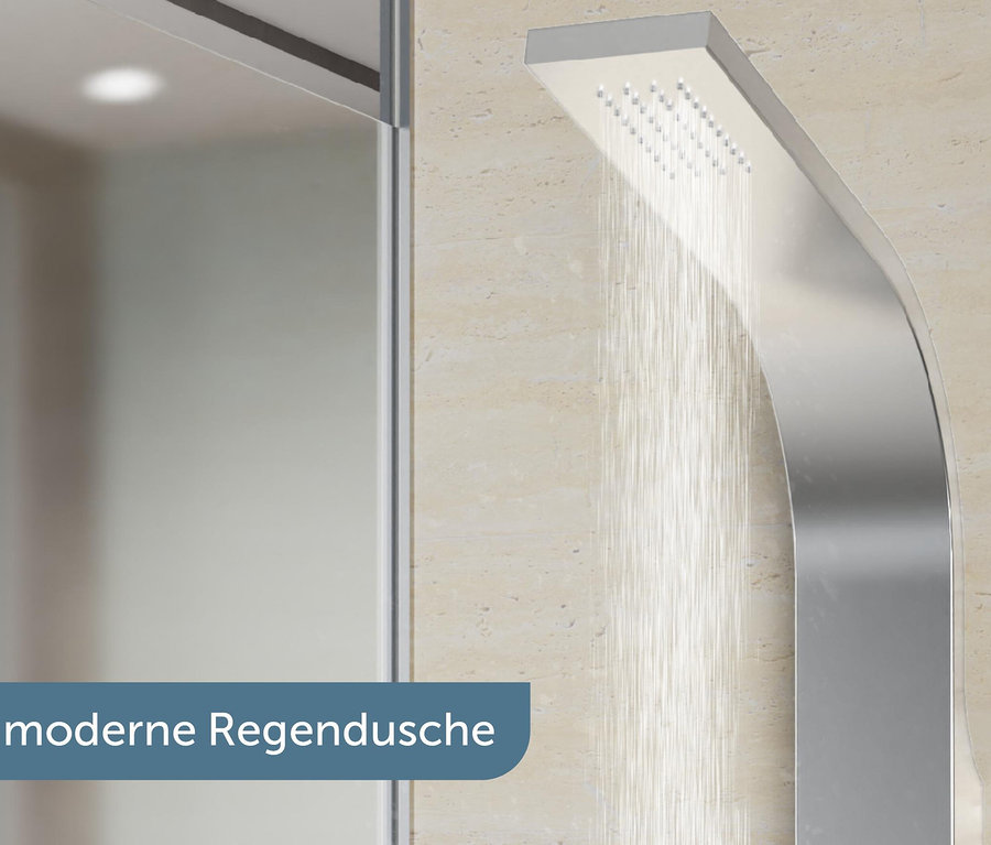 Wasser fließt aus dem SCHÜTTE Edelstahl-Duschpaneel »Sansibar«.