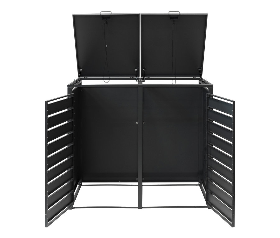 Schwarze Mülltonnenbox für zwei Mülltonnen mit geöffneten Deckeln und Türen.