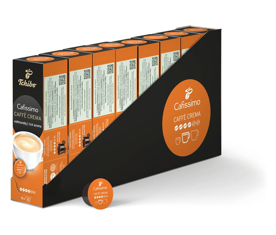 Eine Packung Cafissimo Caffè Crema vollmundig - 80 Kapseln. Die Packung enthält acht Schachteln mit je zehn Kapseln.