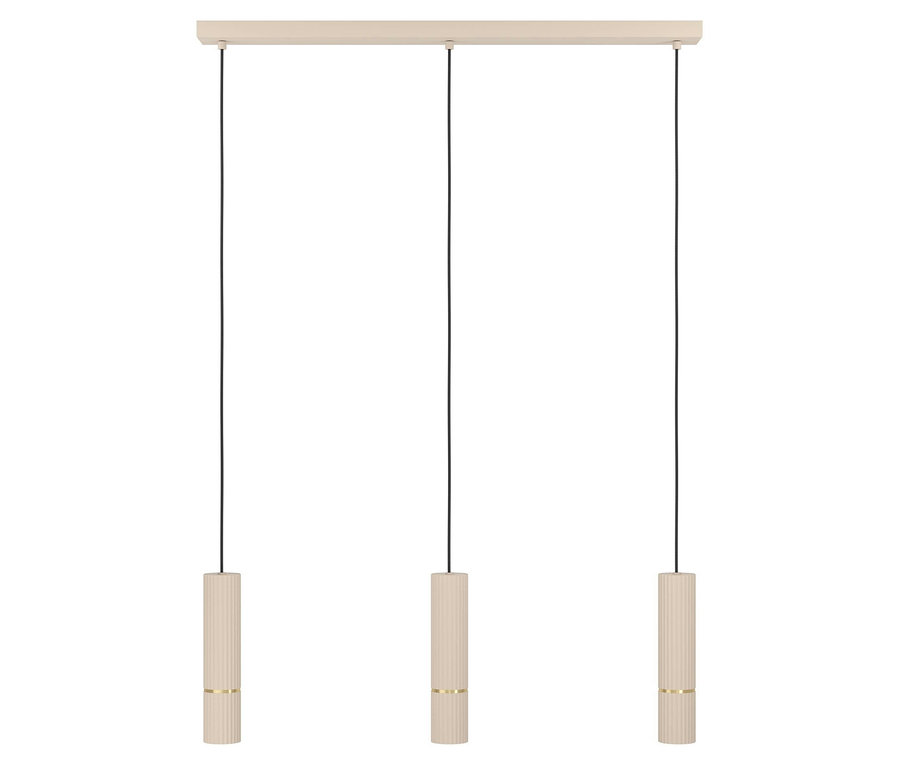 Drei beige zylinderförmige Leuchten hängen an schwarzen Kabeln von der Decke.