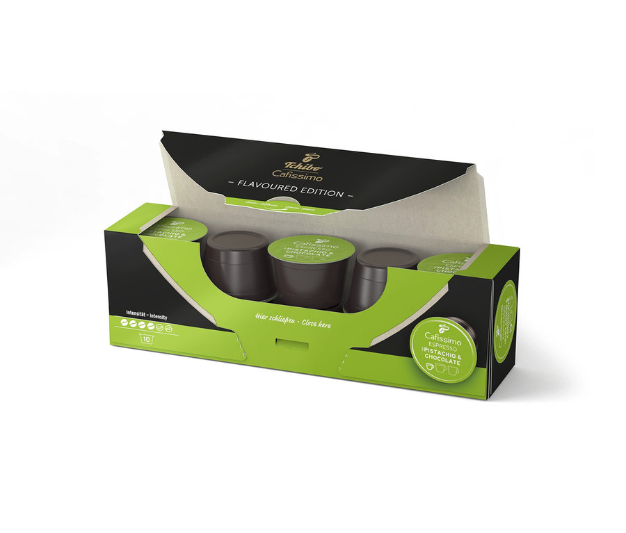 Eine Packung Cafissimo Flavoured Espresso - Pistachio & Chocolate Kapseln.