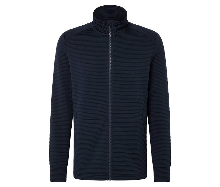 Dunkelblaue Strickjacke mit durchgehendem Reißverschluss und hohem Kragen.