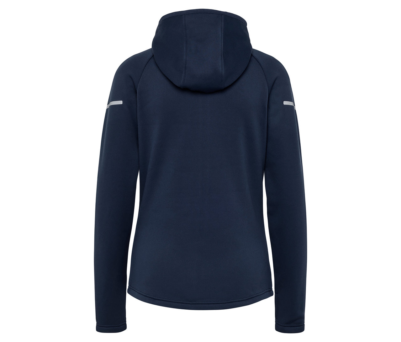 Rückansicht eines dunkelblauen Hoodies mit langen Ärmeln.