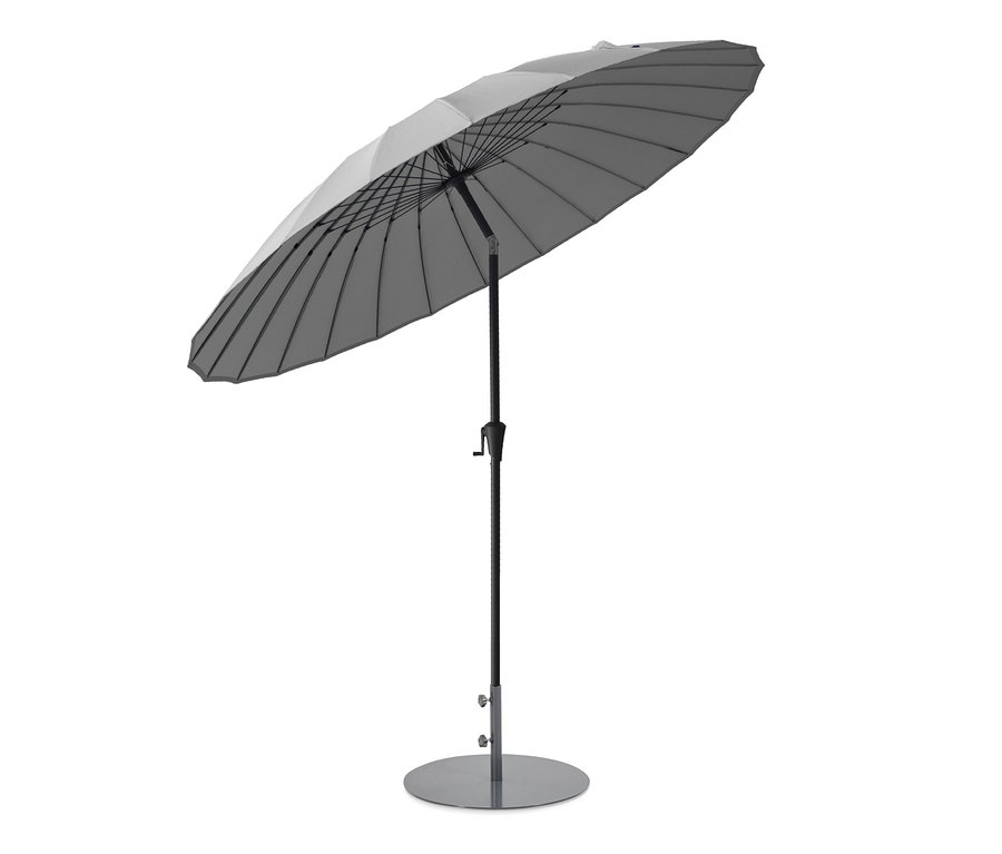 Ein hellgrauer Leco Shanghai Sonnenschirm mit einem Durchmesser von 270 cm.