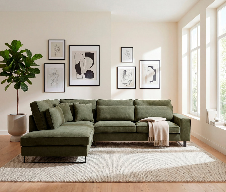 Grünes Ecksofa mit Kissen und Decke auf einem Teppich. An der Wand hängen sechs gerahmte Bilder.