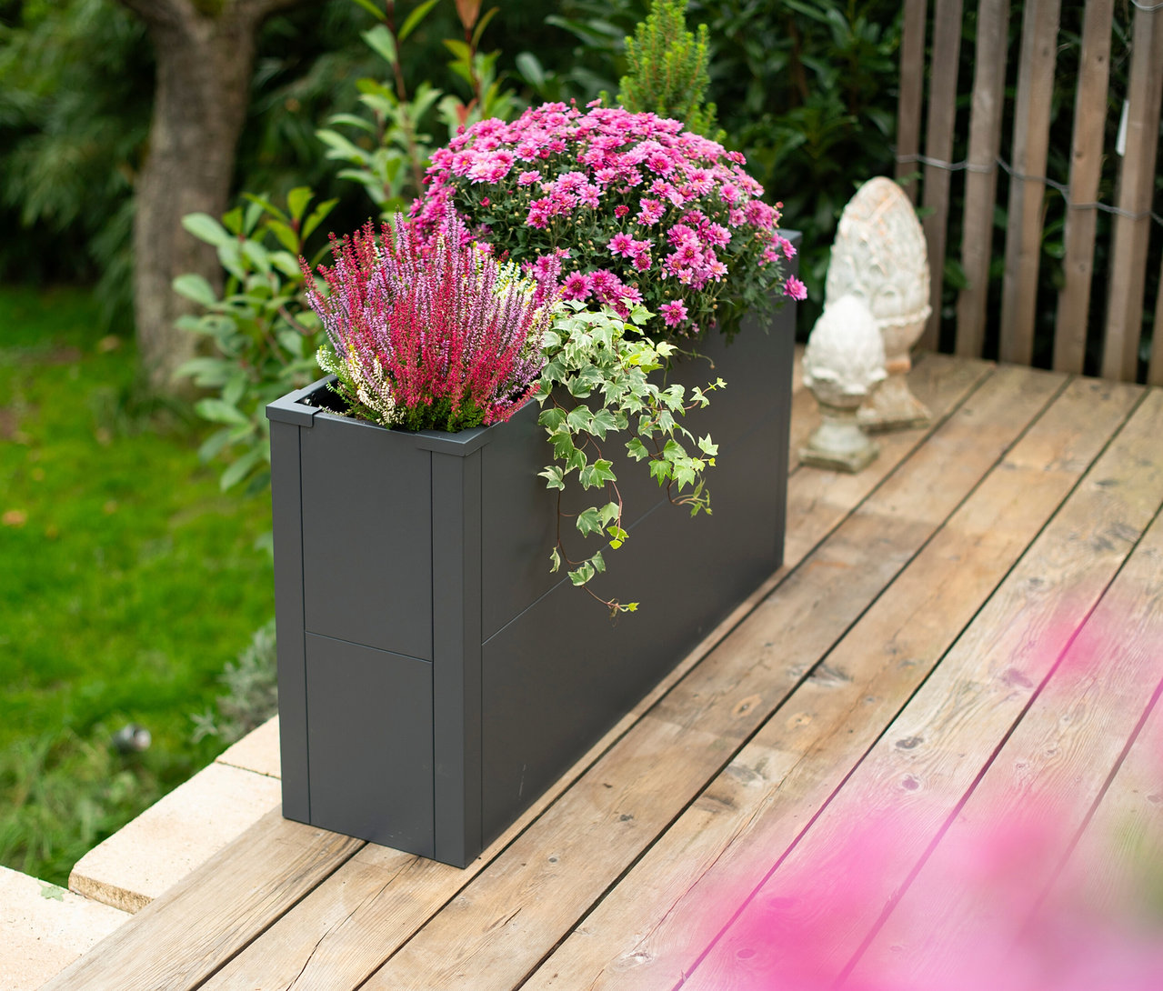 Auf einer Holzterrasse steht ein anthrazitfarbener Pflanzkasten mit Einlegeboden, Höhe ca. 52cm, bepflanzt mit Erika, Efeu und rosa Chrysanthemen.