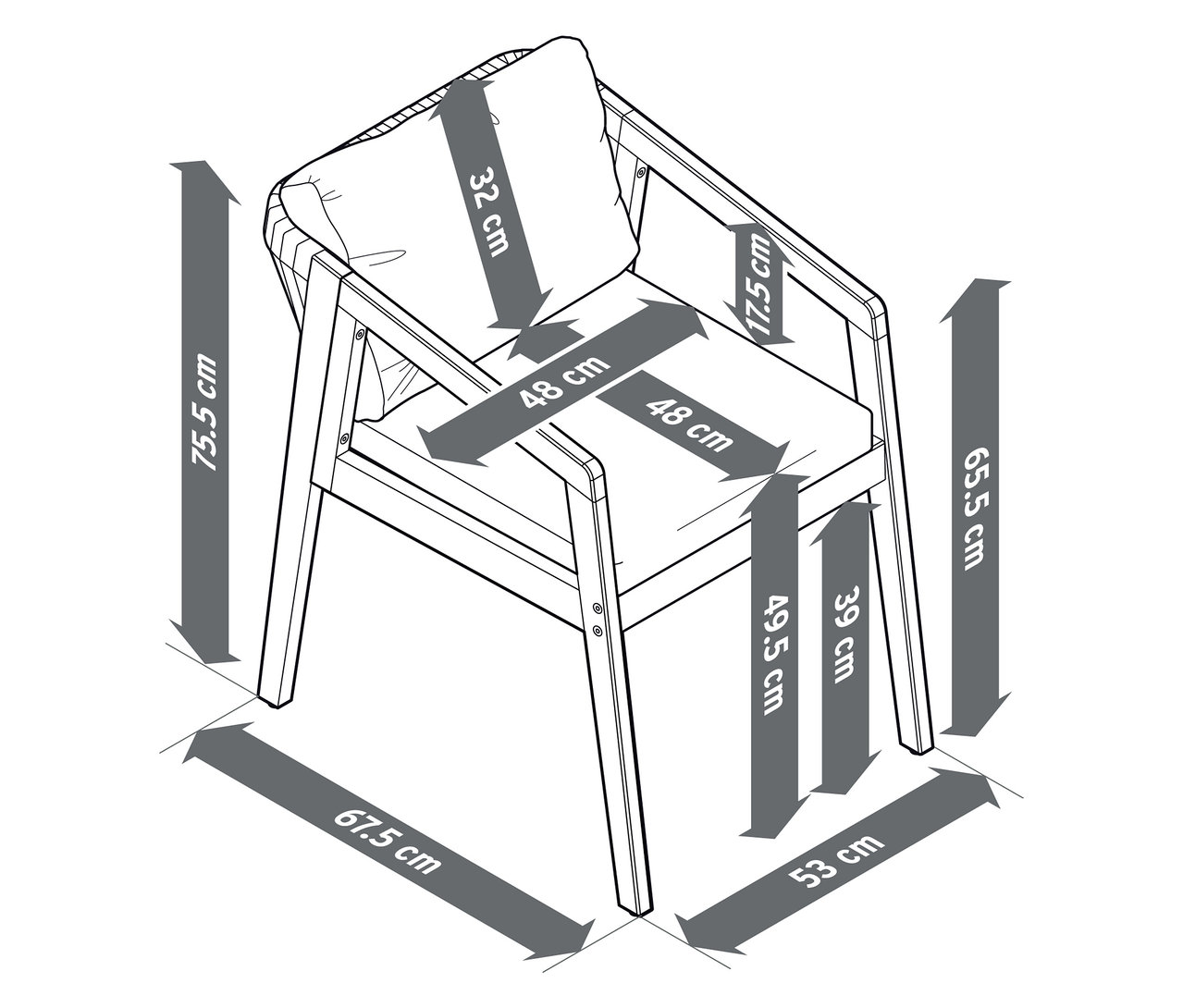 Abbildung eines klassischen Gartenstuhls mit Maßangaben.
