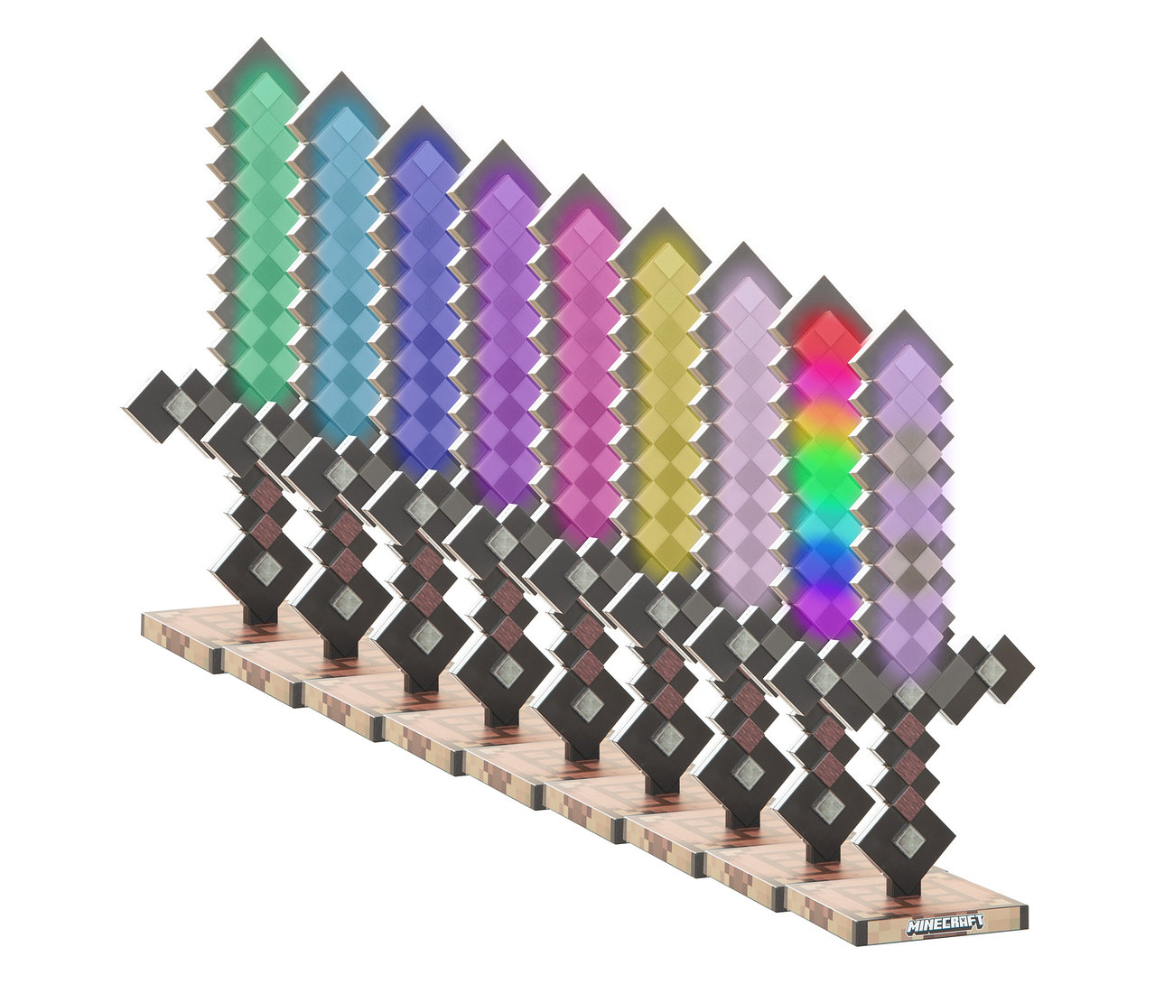 Eine Reihe von Netherite MINECRAFT LED-Lichtern in verschiedenen Farben, aufgereiht auf einer braunen Plattform.