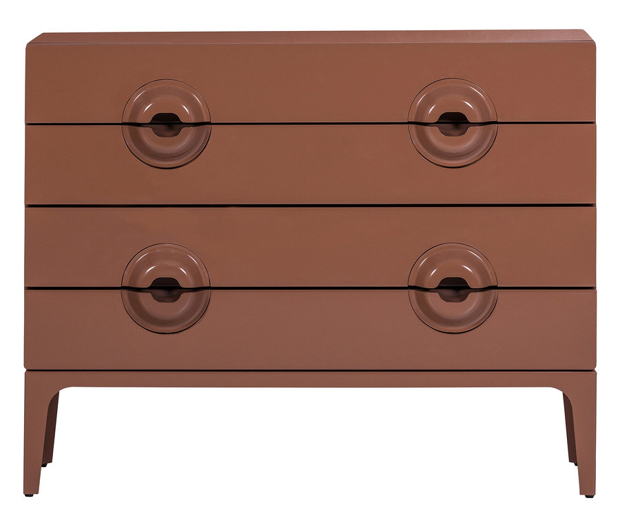 Braune WOOOD Kommode »Merge« mit vier Schubladen und runden Griffen.