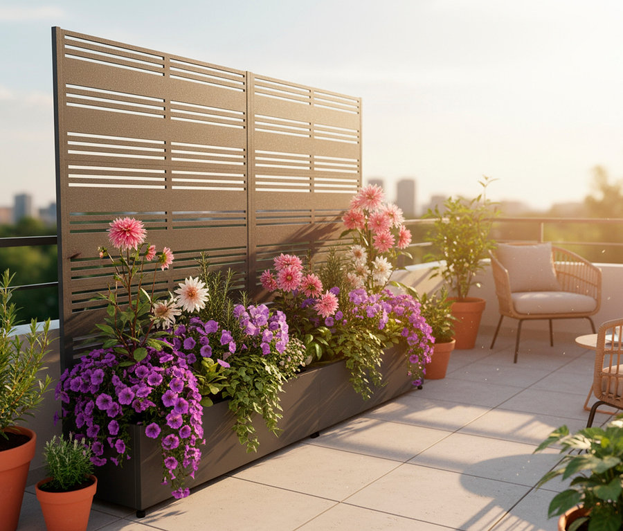 Blumenkasten mit lila und rosa Blumen auf einer Terrasse mit einem Sichtschutz und Stühlen im Hintergrund.